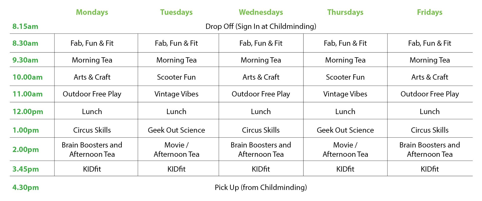 timetable KIDfit Holiday Activity Program